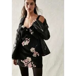 Free People TIE A BOW Floral Satin Big Bow Cocktail Mini Dress Black M NWOT $128